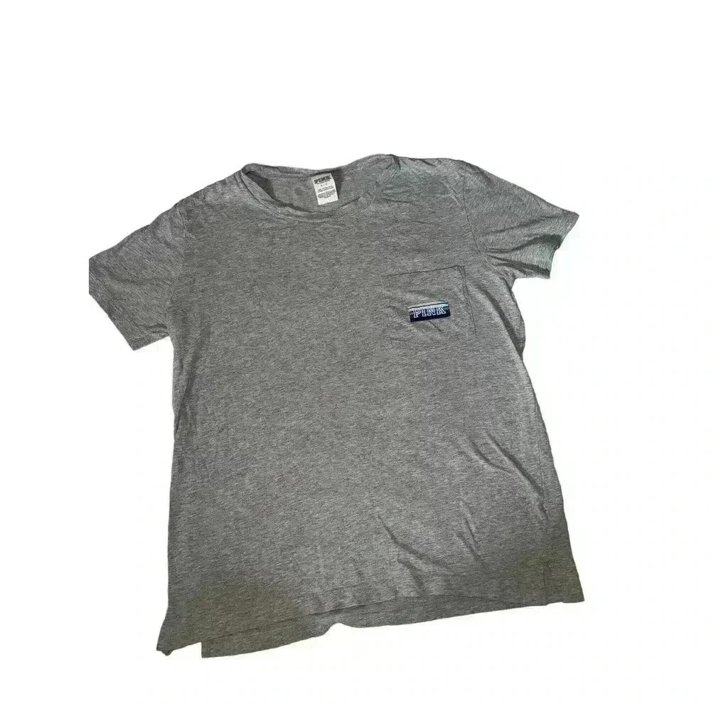Women's PINK Victoria Secret Pocket T Shirt Small Grey Embroidered logo